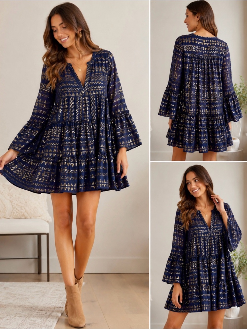 Élan Metallic Boho Tiered Dress Large